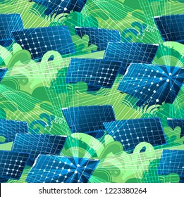 Solar panels in the green fields illuminated with the sun. Vector seamless patterns