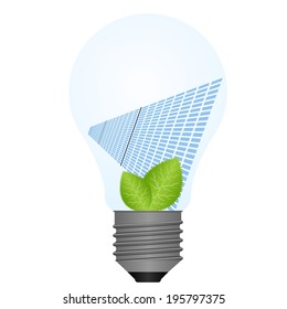 Solar panels and green leaves on a background of the light bulb. illustration on white background.