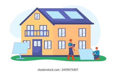 Solar panels at home. Care about ecology and environment. Sustainable lifestyle and alternative energy sources. Reducing CO2 emissions into atmosphere. Cartoon flat vector illustration