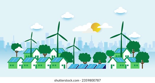 Solar Panels house and Windmills Concept. Cartoon Vector Illustration