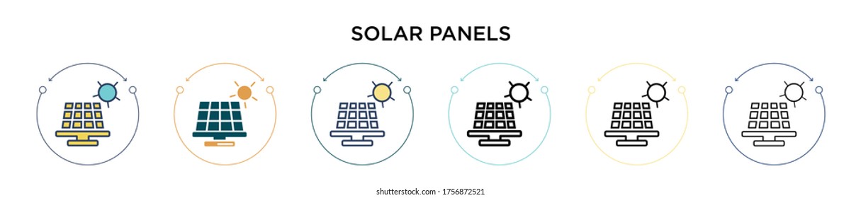 Solarpaneelen-Ikone in gefüllter, dünner Linie, Umriss- und Strichform. Vektorgrafik von zwei farbigen und schwarzen Solarpaneelen Vektorsymbole für mobile, iPhone-, web-basierte