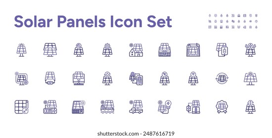 Solar Panels Icon Set. Solar energy installation, maintenance, efficiency, residential, commercial solar solutions for sustainable and renewable energy