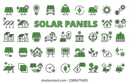 Das Solarpaneel-Symbol ist in grün gestrichen. Energie, Grün, Strom, Ladung, Solarfarm, Sonne, Vektorgrafiken aus dem Panel. Bearbeitbare Strichsymbole.