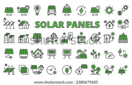 Solar panels icon set in line design green. Energy, Green, Electricity, Charging, Solar Farm, Sun, Panel vector illustrations. Editable stroke icons.