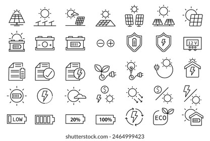 Conjunto de iconos de paneles solares. energía solar plana simple para diseño de infografías. Inversor, fotovoltaico, Vector de contorno de energía, Ilustración vectorial.