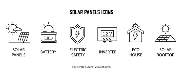 Conjunto de iconos de paneles solares. energía solar plana simple para diseño de infografías. Inversor, fotovoltaico, Vector de contorno de energía, Ilustración vectorial.