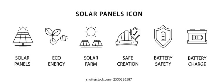 Conjunto de iconos de paneles solares. energía solar plana simple para diseño de infografías. Eco, Granja solar, Construcción y construcción segura, Seguridad de las baterías, Ilustración vectorial.