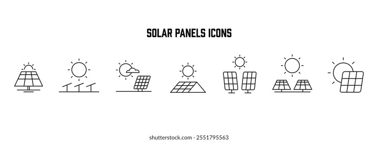 Painel solar ícones conjunto. energia solar plano simples para design infográfico. Eco , Fazenda solar, Criação e construção segura, Segurança da bateria, ilustração vetorial.