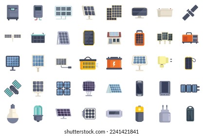 Solar panels icons set flat vector. Solar inverter. Energy battery isolated