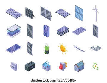 Solar panels icons set isometric vector. Solar inverter, Battery energy