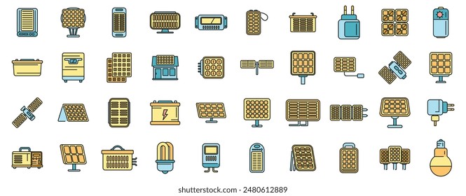 Solar panels icons set outline vector. Solar inverter. Energy battery thin line color flat on white