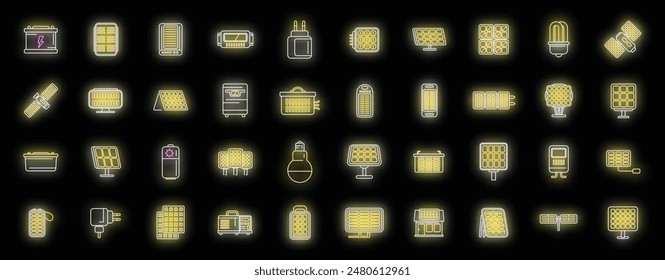 Solar panels icons set outline vector. Solar inverter. Energy battery neon color on black