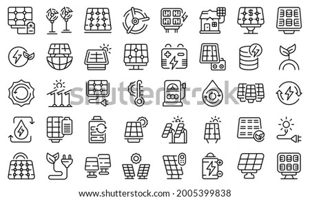 Solar panels icons set outline vector. Invertor solar energy. Panels battery system