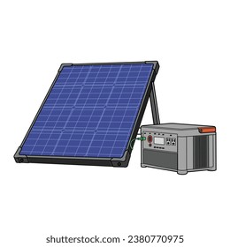 Solar panels installation with battery storage isolated on white background. Solar cell for renewable energy vector illustration.
