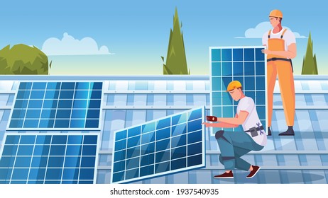 Solar panels installation flat composition with two male characters working on roof top vector illustration