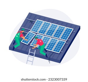 Solar panels installation on family house roof. Construction technician workers connecting the home renewable power energy system to grid. Clean electricity production. Isolated vector illustration.