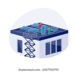 Instalación de paneles solares en el techo plano de la casa. Trabajadores de los técnicos de construcción conectando el sistema de energía renovable para el hogar a la red de suministro de energía en el edificio de departamentos de negocios. Producción de electricidad limpia.