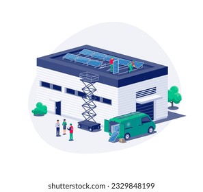 Solar panels installation on industry logistics center building flat roof. Construction technician workers connecting the renewable energy system. Clean electricity production. Vector illustration.