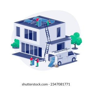 Solar panels installation on modern architecture family house flat roof. Workers connecting the home renewable power energy system to grid. Clean electricity production. Isolated vector illustration.