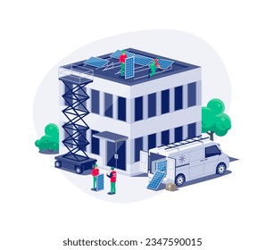 Installation von Solarpaneelen auf modernem Geschäftsgebäude im Bereich Architektur. Arbeitnehmer, die das eigene erneuerbare Energiesystem mit einem Flachdach verbinden. Saubere Stromerzeugung. Einzelvektor