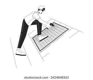 Solar panels installation on roof black and white cartoon flat illustration. Technician 2D lineart character isolated. Residential rooftop solar energy system monochrome scene vector outline image