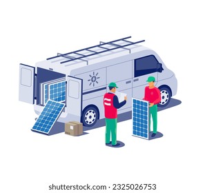 Solar panels installation service. Construction technician workers with van vehicle car installing the renewable power energy system to grid. Clean electricity production. Isolated vector illustration