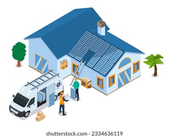 Installation von Solarpaneelen Die Installation des Netzes mit einem System der erneuerbaren Energien sind Bautechniker in einem Van. Vektorgrafik eps10