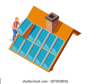 Solar panels installation. Worker making modern eco suny panel on roof renewable electricity systems vector isometric concept