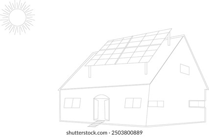 Solar panels installed on a roof of tiles of a residential home. Copy space. line art