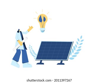 Solar panels installing. Architect or engineer and project coordinator building moduls. Renewable alternative electricity. Green tech. Vector illustration.