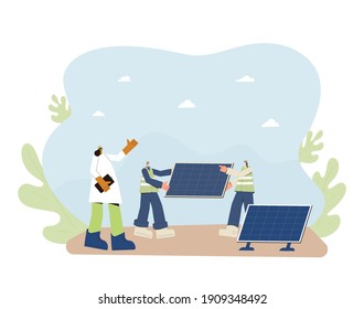 Solar Panels Installing. Field Service Technicians Workers And Manager Building Moduls. Renewable Alternative Electricity. Sustainable Development. Green Tech. Vector Flat Illustration.