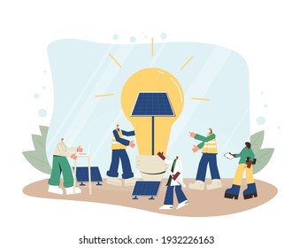 Solar Panels Installing. Field Service Technicians Workers, Architect,  Mechanical Engineer And Project Coordinator Building Moduls. Renewable Alternative Electricity. Green Tech. Vector Illustration.