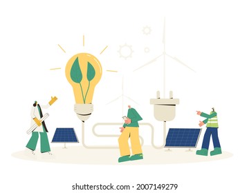 Solar Panels Installing. Field Service Technicians Workers, Architect,  Mechanical Engineer And Project Coordinator Building Moduls. Renewable Alternative Electricity. Green Tech. Vector Illustration.