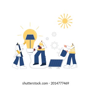 Solar Panels Installing. Field Service Technicians Workers, Architect,  Mechanical Engineer And Project Coordinator Building Moduls. Renewable Alternative Electricity. Green Tech. Vector Illustration.