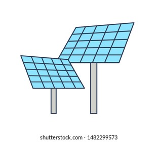 Solar panels isolated on white background. Photovoltaic power station. Facility for green energy production, electricity generation. Eco friendly technology. Modern linear vector illustration.