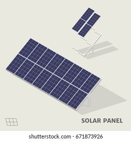 Painéis solares em vista isométrica com sombra incluindo com símbolo.