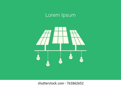 Solar panels, light bulbs hanging on wires, template for banner with text, vector flat illustration, white, green