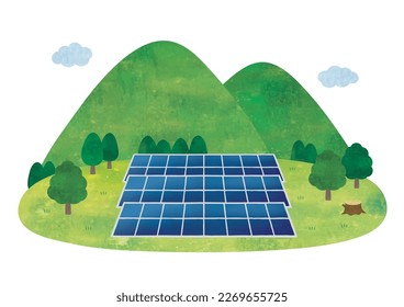 Solar panels, meadow and mountain landscape