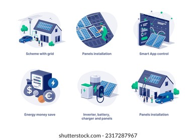 Solar panels money savings installation on family house with grid and car charging. Home renewable energy battery storage with smartphone app control and electric power meter. Vector illustration set.
