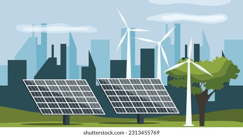 Solar panels on the background of the city. The energy of nature. Ecology. Vector stock illustration. Energy from the wind