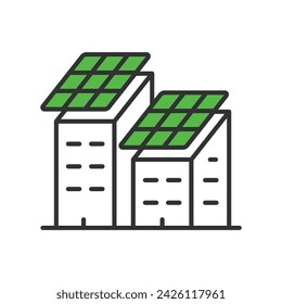 Solar panels on a building icon in line design green. Solar, panels, building, energy, power, renewable isolated on white background vector. Solar panels on a building editable stroke icon.