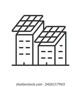 Paneles solares en un icono de edificio en diseño de línea. Solar, paneles, edificio, energía, energía, renovable aislado en vector de fondo blanco. Paneles solares en un icono de trazo editable.