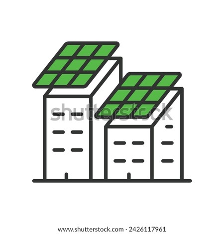 Solar panels on a building icon in line design green. Solar, panels, building, energy, power, renewable isolated on white background vector. Solar panels on a building editable stroke icon.