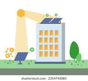 Solar panels on building. Renewable energy concept. Vector illustration isolated on white.