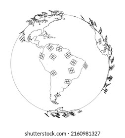 Paneles solares sobre el concepto de la Tierra. Representación vectorial de 3d. Estilo de marco de cables. Las capas de líneas visibles e invisibles están separadas