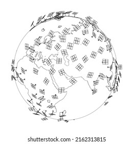 Solar Panels on Earth Concept. Vector rendering of 3d. Wire-frame style. The layers of visible and invisible lines are separated