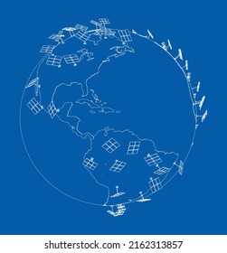 Paneles solares sobre el concepto de la Tierra. Representación vectorial de 3d. Estilo de marco de cables. Las capas de líneas visibles e invisibles están separadas