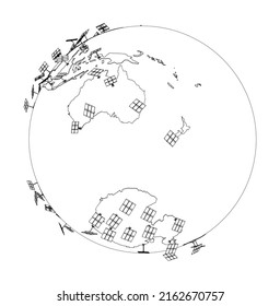 Solar Panels on Earth Concept. Vector rendering of 3d. Wire-frame style. The layers of visible and invisible lines are separated