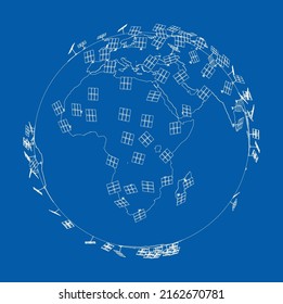 Paneles solares sobre el concepto de la Tierra. Representación vectorial de 3d. Estilo de marco de cables. Las capas de líneas visibles e invisibles están separadas