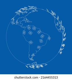 Solar Panels on Earth Concept. Vector rendering of 3d. Wire-frame style. The layers of visible and invisible lines are separated